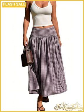 Women's Cotton Gingham Midi Skirt High Waist A-Line Ruffle Flowy with Pockets